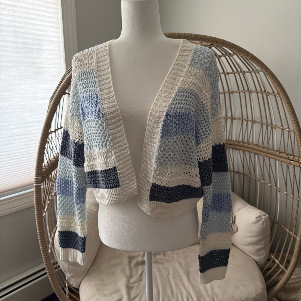 Le Lis Blue Stripe Cropped Cardigan Open Knit Cotton Blend S Coastal Spring